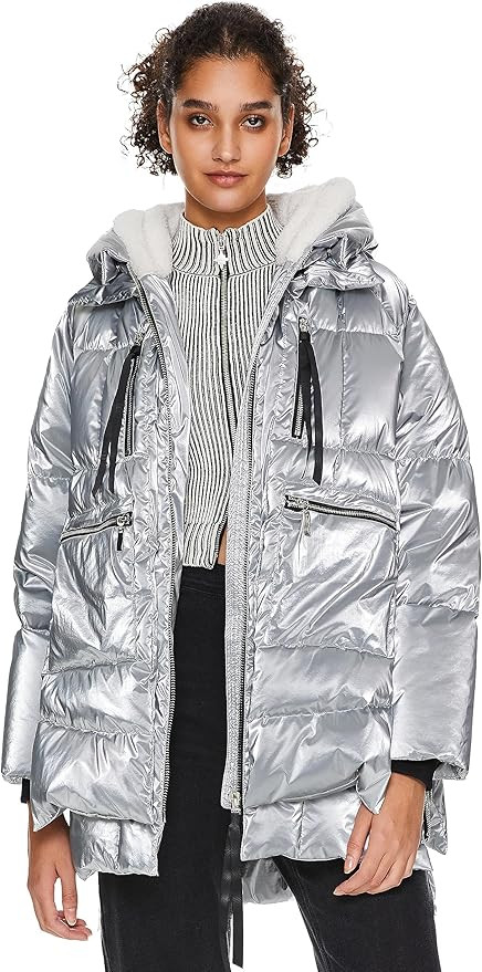 Orolay Women's Metallic Down Coat Mid-Length Puffer Jacket with Hood Long Sleeve Warm Outerwear | Amazon (US)