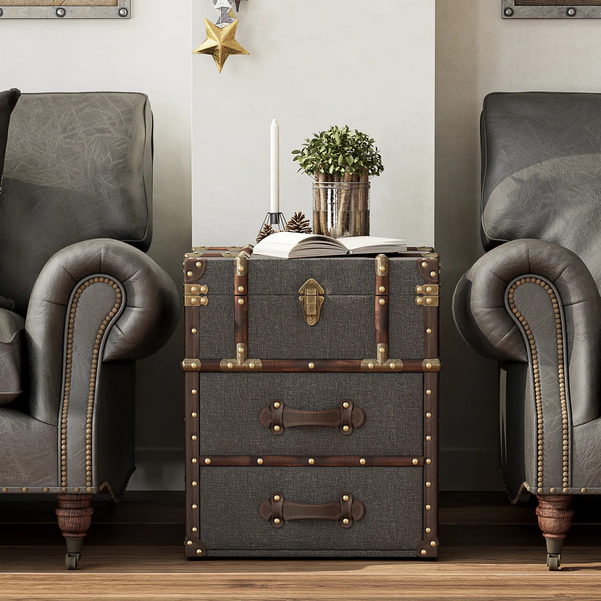 Lannigan Vintage Storage Chest with Buckle Hinged Top, Linen Accent End Side Table | Wayfair North America