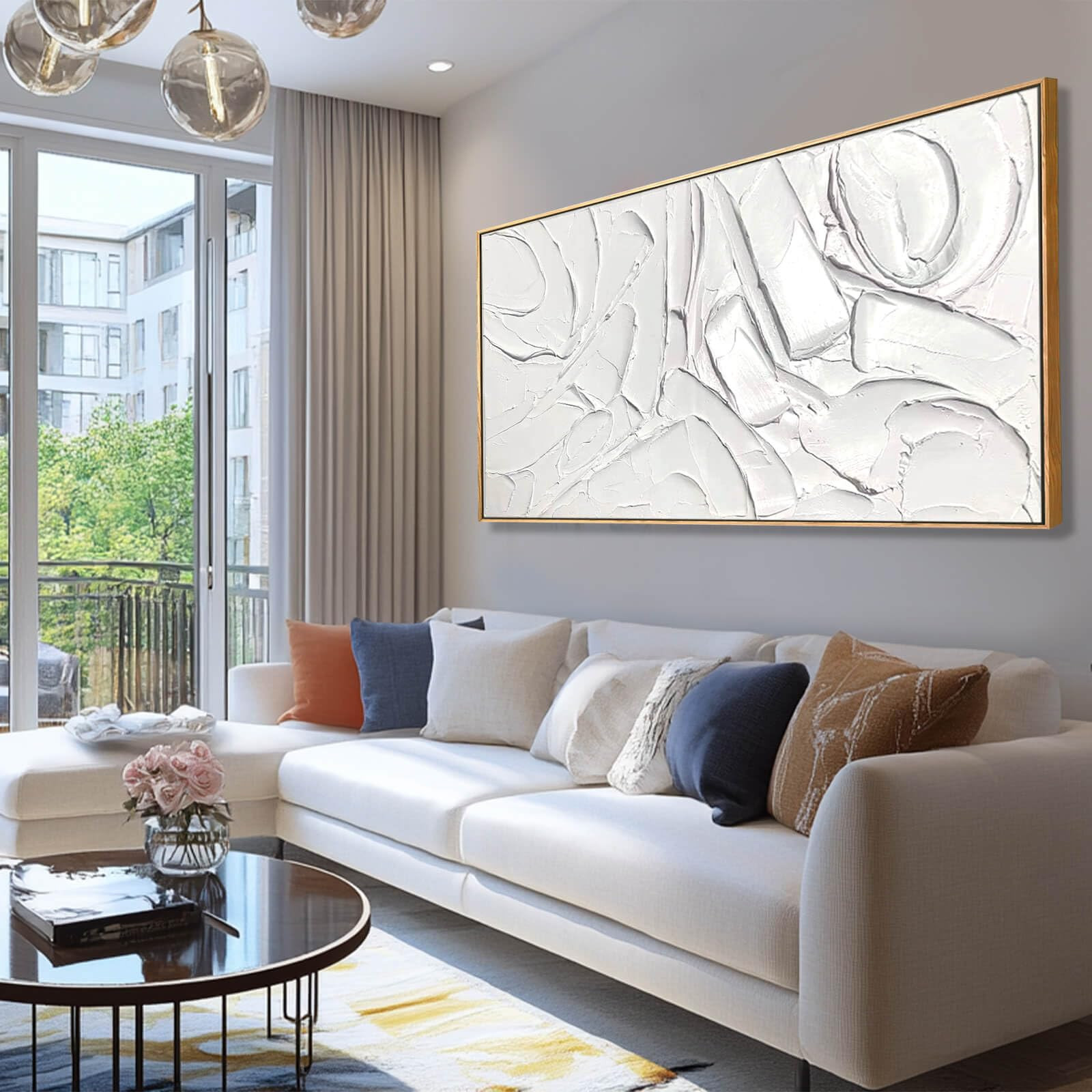 XIANSHOU Obra de arte blanca para paredes, arte abstracto contemporáneo pintado a mano de 29 x 5... | Amazon (US)