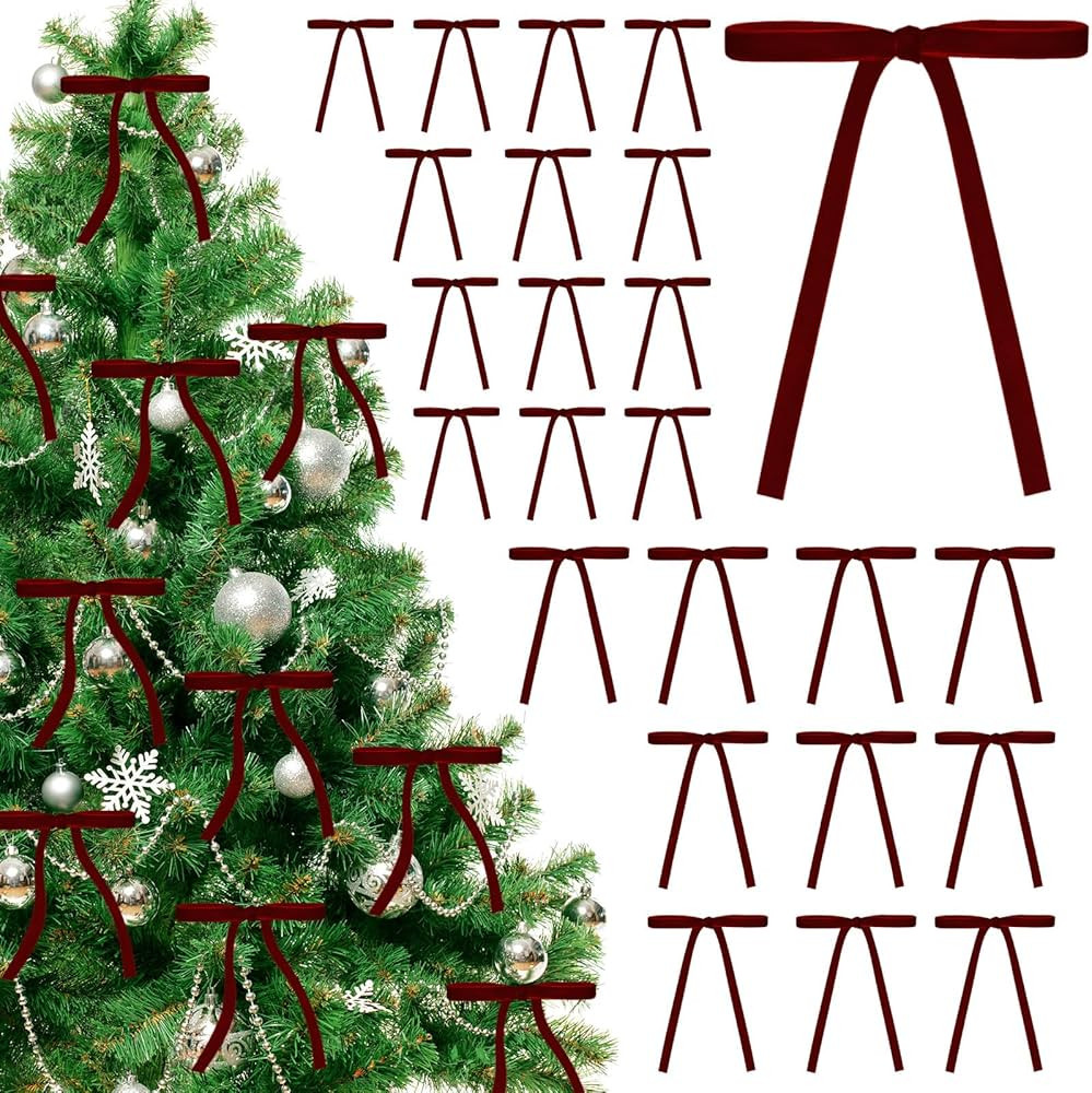 2024 Red Velvet Bows for Christmas Tree, 24 PCS Vintage Burgundy Velvet Christmas Tree Bows, Chri... | Amazon (US)