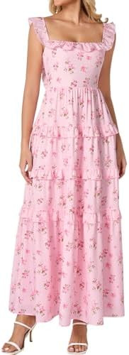EYNMIN Women's Summer Floral Boho Maxi Dress Tiered Ruffle Smocked Long Flowy Beach Wedding Guest... | Amazon (US)