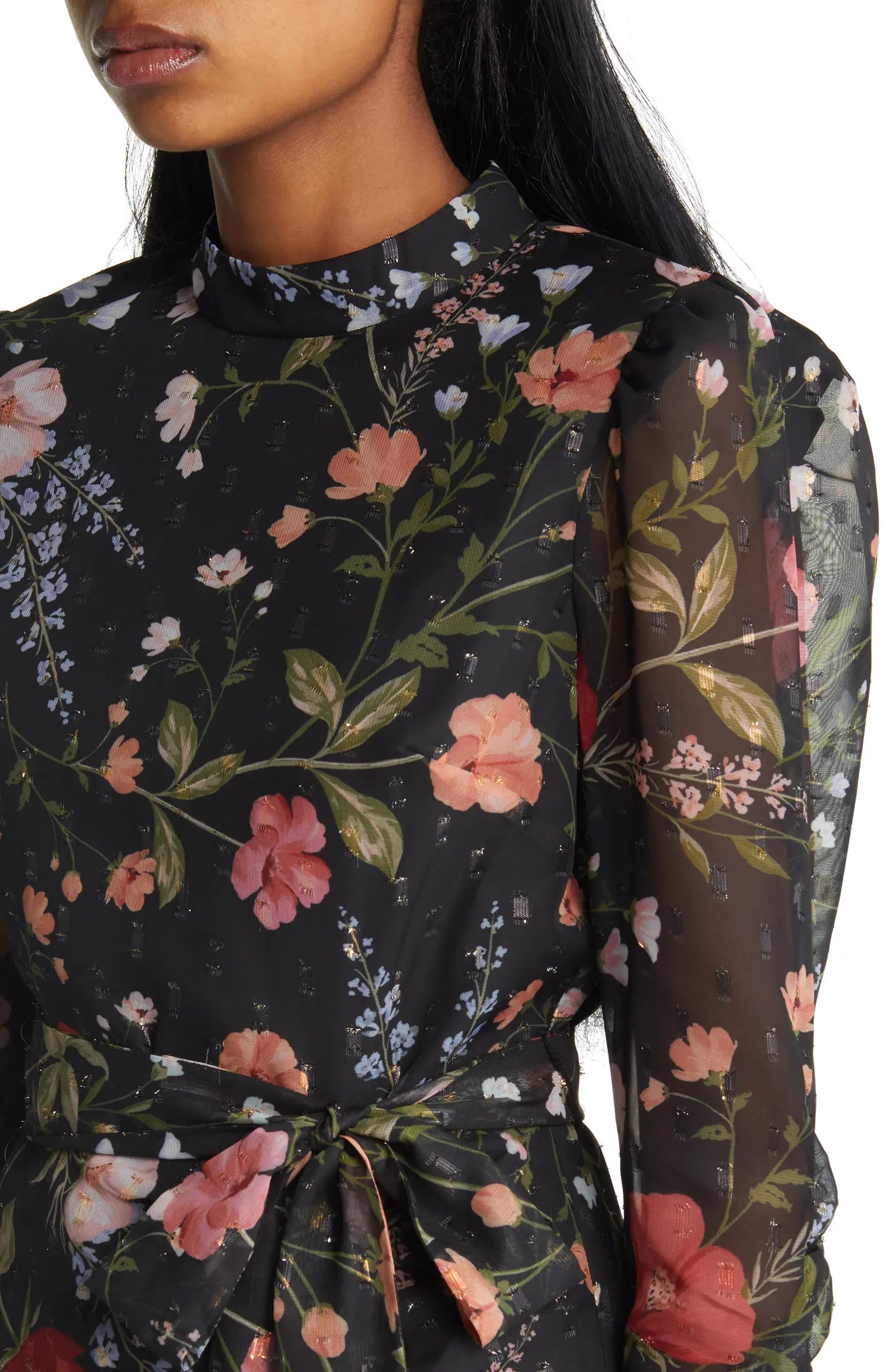 Floral Metallic Detail Long Sleeve Body-Con Chiffon Dress | Nordstrom