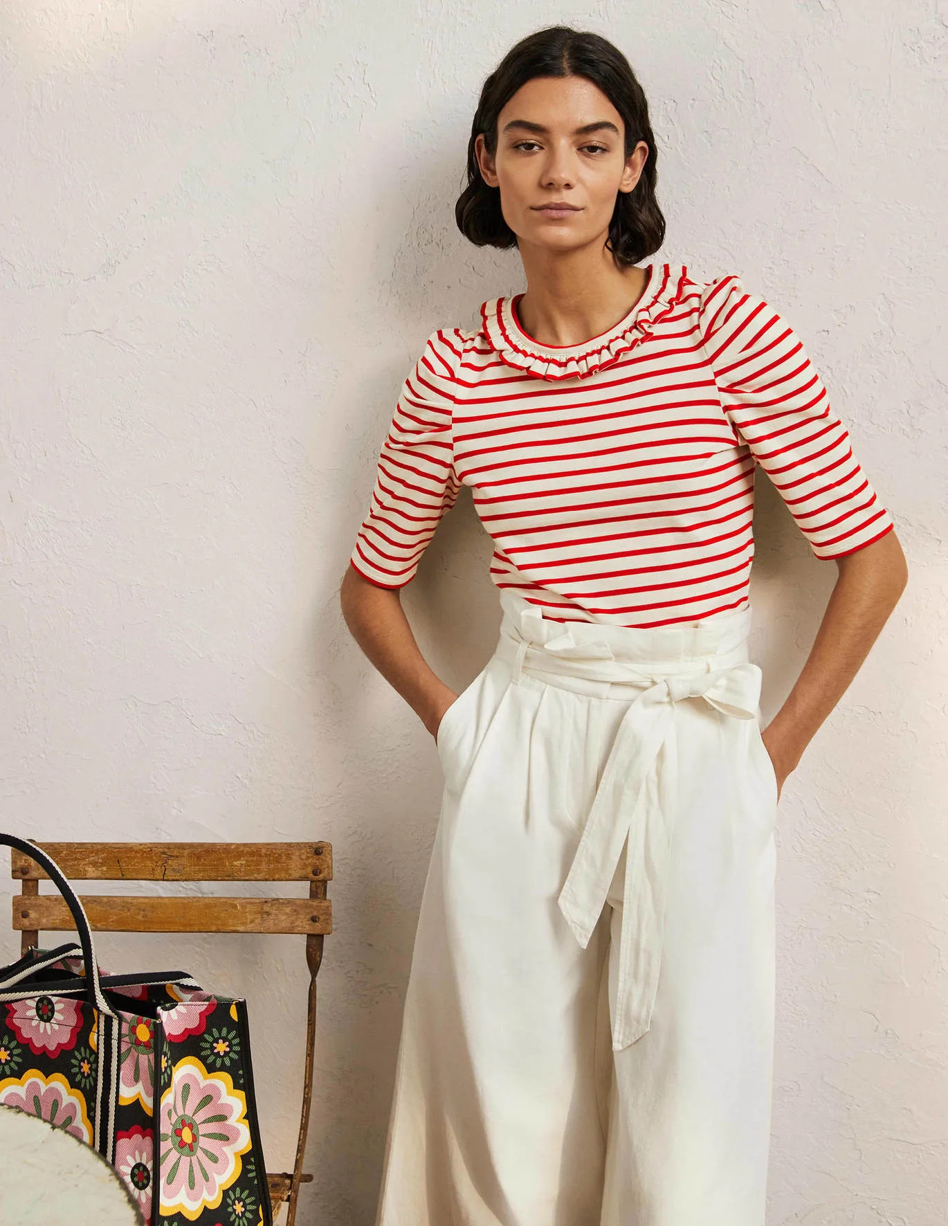 Puff Sleeve Frill Neck T-Shirt - Ivory / Red Stripe | Boden (US)