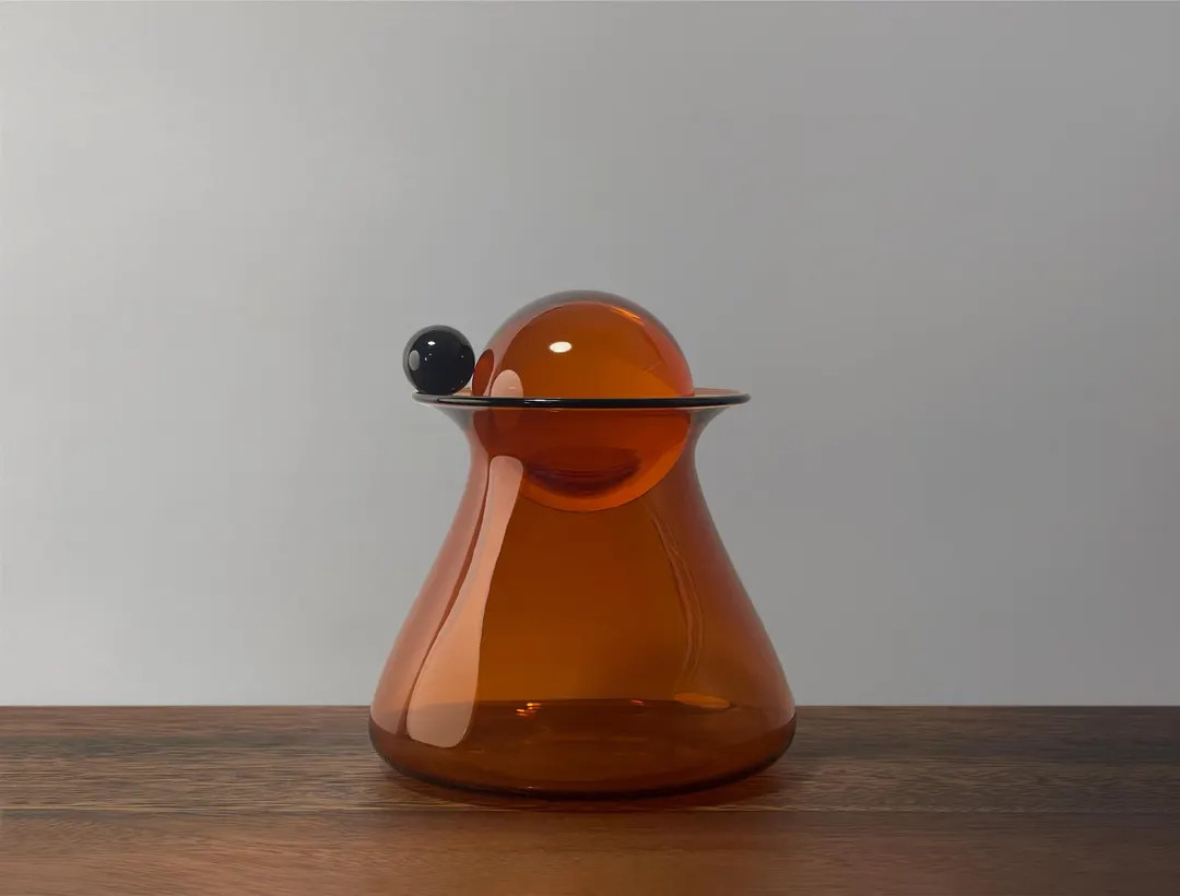 Decorative Amber Glass Container/Jar with Matching Glass Ball Lid and Orbital Obsidian Ball | Etsy (US)