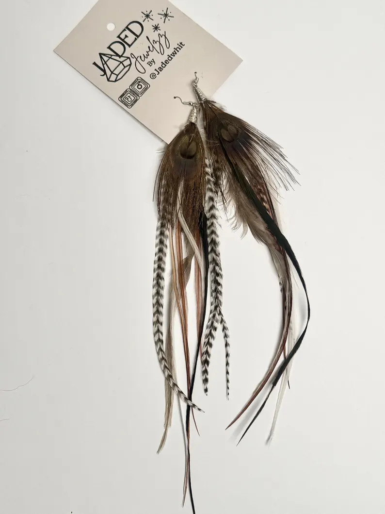 Handmade Brown Peacock Long Feather Earrings - \u201cSo Extra\u201d | Etsy (Global)