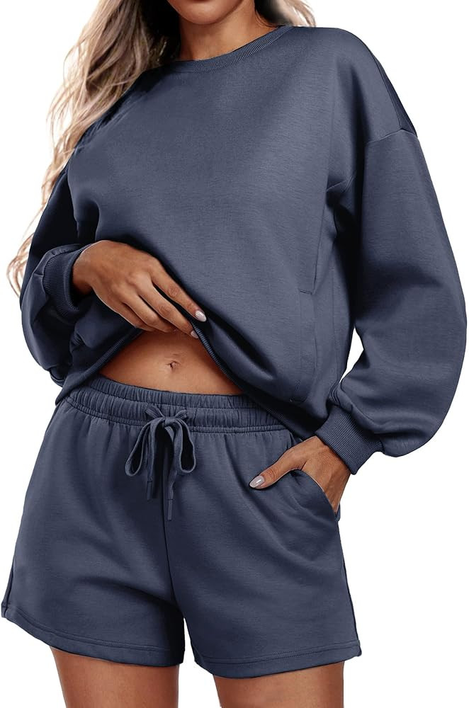 PINSPARK Two Piece Sets for Women 2024 Fall Outfits Sweatsuit 4 Pockets Sweat Short Sets Casual M... | Amazon (US)