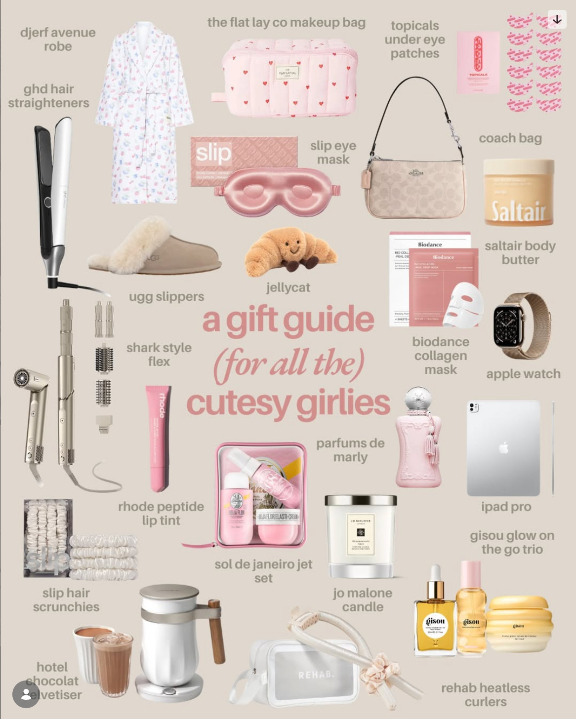 GIRLIES! Share this to your partner for Christmas gift inspo ASAP!!!!💕🌸🎀

These are some of the most dreamiest gifts you could get your girly cutesy girlfriend or bestie! They’ll love you LONG TIME! 

@djerfavenue Robe - she will LOVE you for this!
@theflatlayco all her makeup will fit in this. 
@coach bag cheeky splurge but you can’t go wrong!
@topicals under eye patches 
@ghdhairpro the best of the best.
@ugg slippers! So cosy.
@slipsilkpillowcase eye mask - if she gets her lashes done she needs this & scrunchies!
@jellycat so adorable and so trendy!
@saltair best body care brand right now.
@sharkbeautyuk for the bouncy blow dry curls! 
@rhode lip balm - every girl needs this. 
@biodance_eu collagen face mask is unreal.
@apple watch and iPad - spenny but will be used A LOT.
@soldejaneiro she’ll smell like a goddess!
@hotelchocolat velvetiser - makes the best hot chocolates in the world. 
@rehabyourhair best heartless curler! If she loves curls get this. 
@jomalonelondon can NOT go wrong 😍
@parfumsdemarly fragrance - she’ll be obsessed!
@gisou hair products are the best! 

 #christmasgiftsforher #christmasgift #girlsgifts
