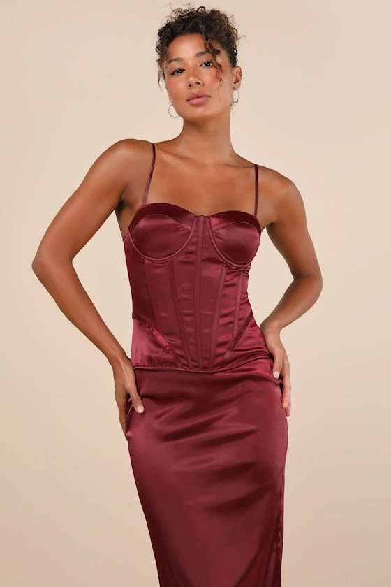Alluring Duo Wine Satin Bustier Two-Piece Midi Dress | Lulus