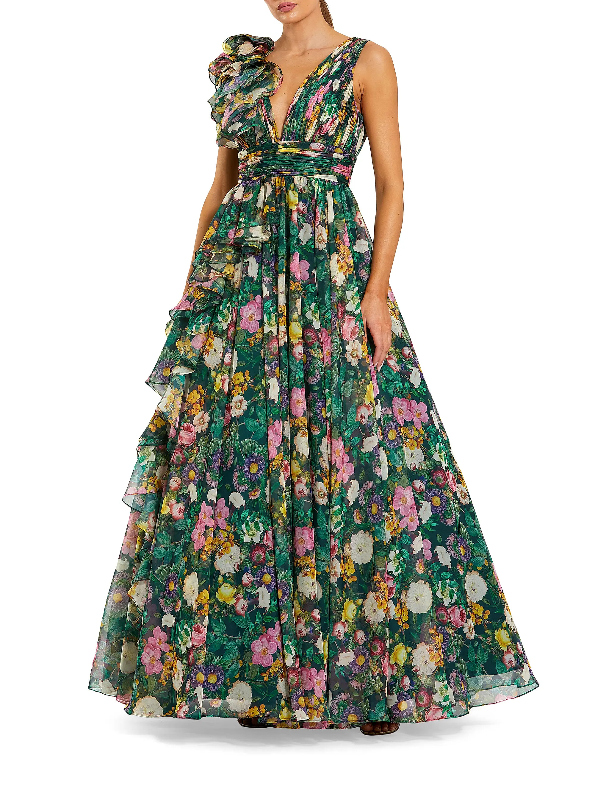 Floral Chiffon Ruffled V-Neck Gown | Saks Fifth Avenue