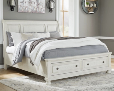 Robbinsdale King Sleigh Bed with 2 Storage Drawers, Antique White | Ashley Homestore