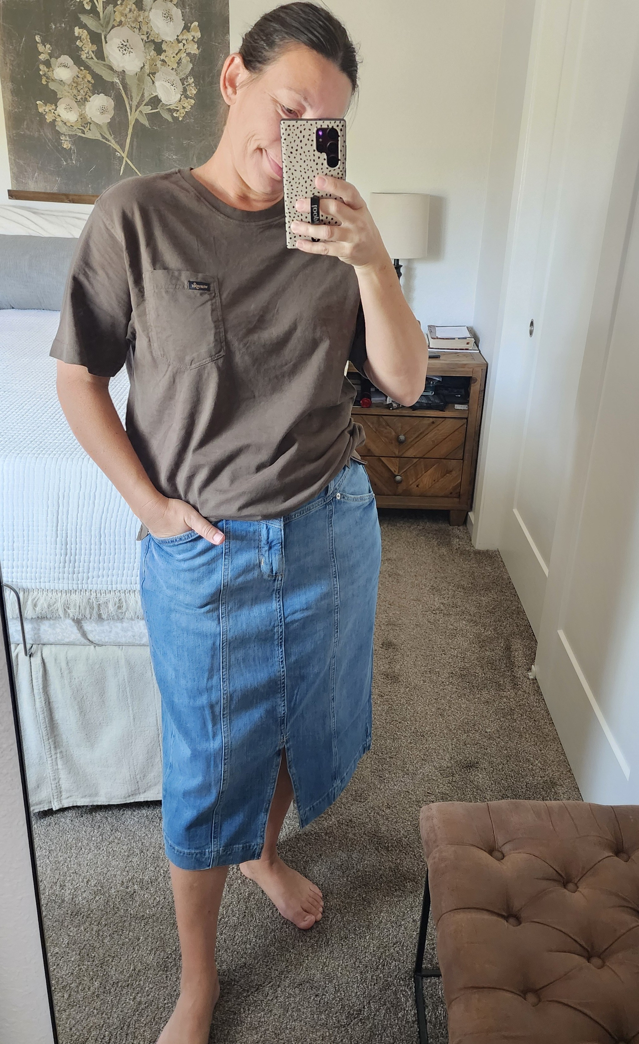 New denim skirt from Kohl's! I love the yoke style with seams! Midi length! Comes in gray, in store only. Sonoma petite denim skirt jean skirts modest midi length long fashion casual wear 

#LTKFindsUnder50 #LTKSaleAlert #LTKU