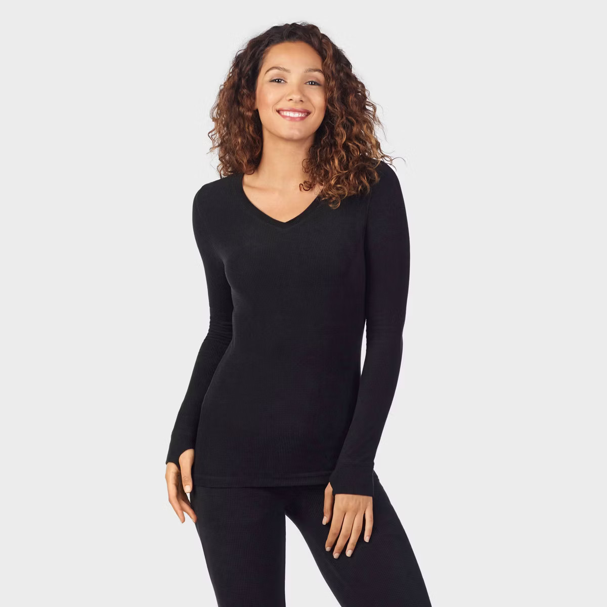 Warm Essentials by Cuddl Duds Women's Textured Fleece Thermal V-Neck Top - Black L | Target
