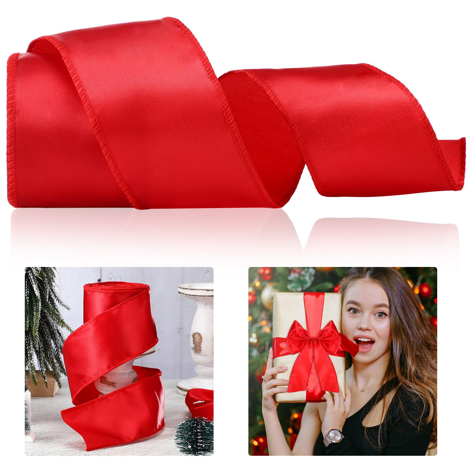 Xinnun 2.5 Inch Christmas Red Satin Wired Ribbon 20 Yards Red Wire Edge Ribbon Christmas for Wrea... | Amazon (US)