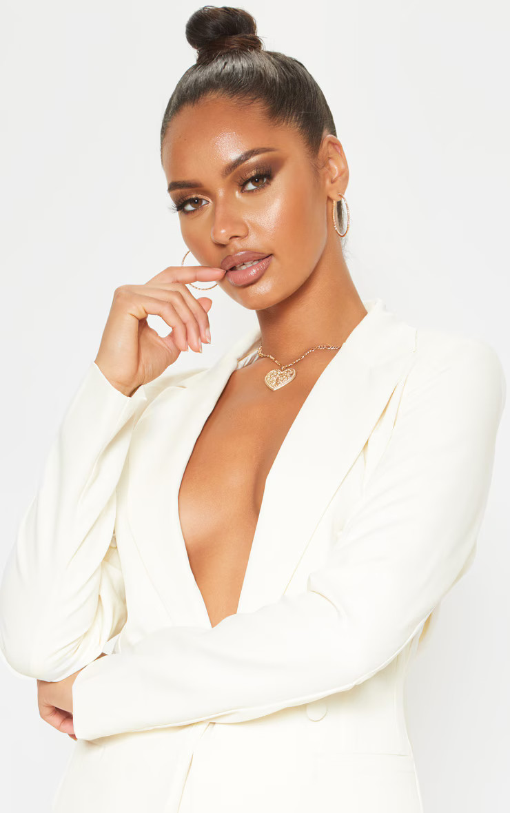 Cream Double Breasted Woven Blazer | PrettyLittleThing US