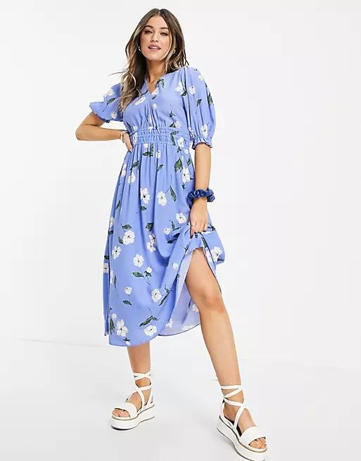 Nobody's Child v neck midi tea dress in blue floral | ASOS (Global)