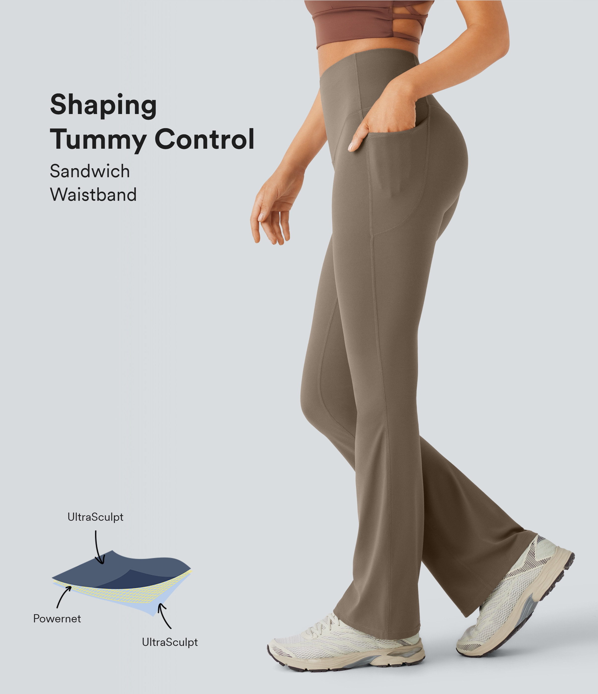 Halara Halara UltraSculpt™ SoCinched High Waisted Tummy Control Pocket Shaping Yoga Bootcut Leggings - Dawn Brown - M(extall) gym leggings | HALARA
