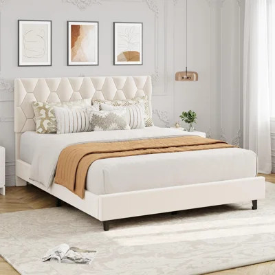 Beige Queen Bed Frame with Upholstered Headboard,Upholstered Bed Frame, Heavy-Duty Platform with Strong Wood Slats, No Box Spring Needed/Noise Free/Ea | Wayfair North America