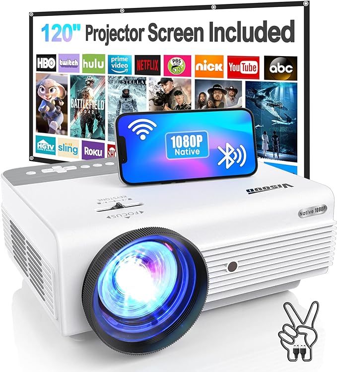 Native 1080P WiFi Bluetooth Projector, VISOUD 9500L with 120'' Screen Portable Outdoor Movie Proj... | Amazon (US)
