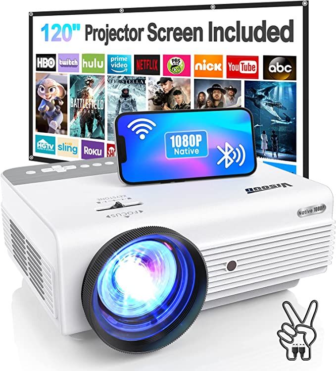 Native 1080P WiFi Bluetooth Projector, VISOUD 9500L with 120'' Screen Portable Outdoor Movie Proj... | Amazon (US)
