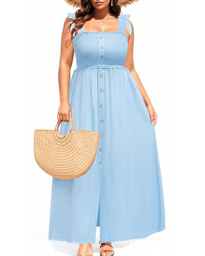 Light Blue Plus Size Easter Dress Summer Sun Maxi Sapghetti Strap Button Down Smocked Long Beach Flowy Spring Sundress | Amazon (US)