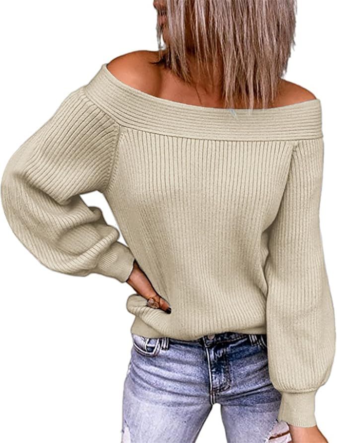 Amazon.com: KIRUNDO Women's Off Shoulder Sweater Batwing Long Sleeve Loose Knit Sweater Pullover ... | Amazon (US)