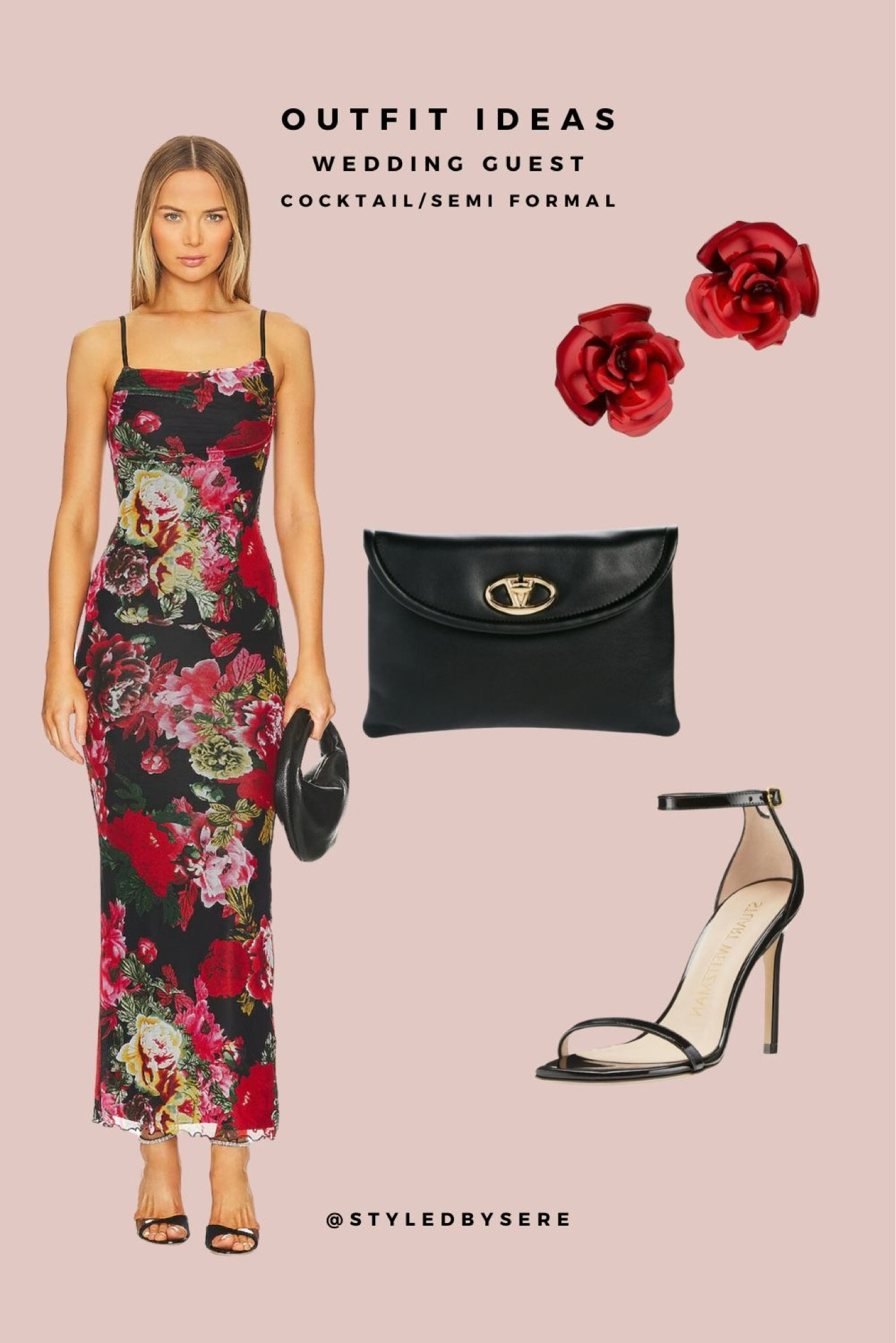 Deepen the colors for a cocktail evening wedding with this sultry look. A beautiful, dark floral patterned dress starts things out. Now add black heels & clutch, and large floral earrings to compliment the dress.

#LTKFindsUnder100 #LTKParties #LTKWedding