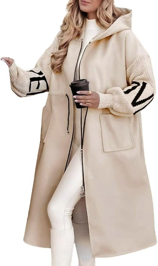 chouyatou Women's Casual Knitted Sleeve Wool Trench Coat Zip Up Hooded Wool Blend Overcoat with P... | Amazon (US)