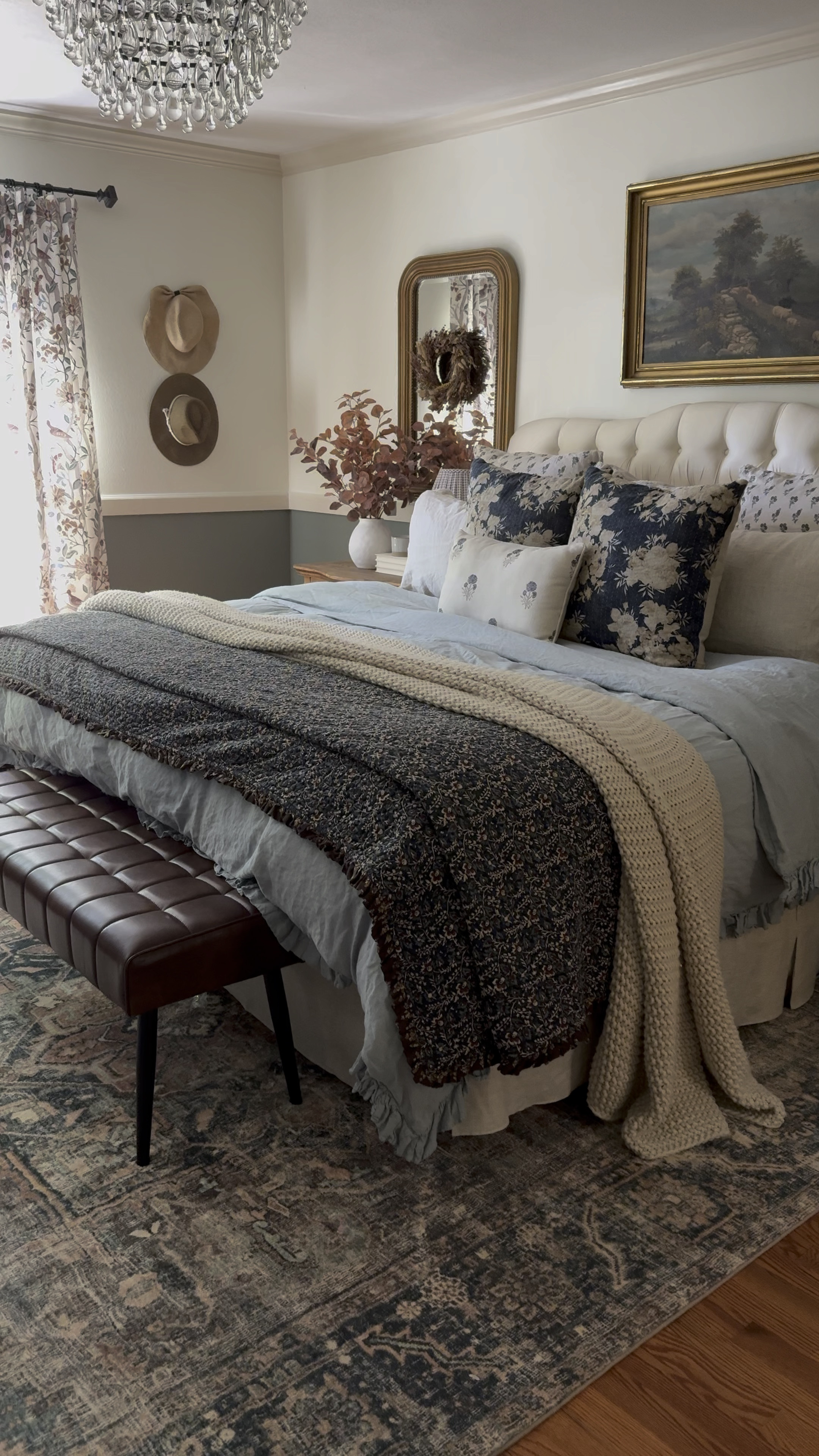 Bedroom decor, floral curtains, bird drapes, floral pillow cover, ruffled linen duvet, faux leather bench, chunky knit throw, Loloi rug, soft area rug, cloud pile rug, crystal chandelier, arched mirror, gold mirror, linen bedskirt, layered bedding, quilt

#LTKVideo #LTKHome #LTKSaleAlert
