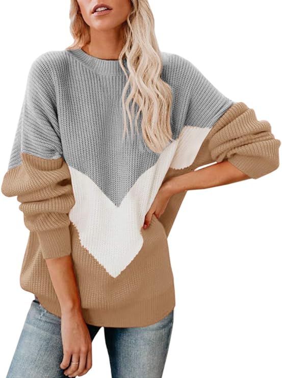 Saodimallsu Womens Oversized Batwing Sleeve Sweaters Chevron Color Block Slouchy Loose Knit Pullo... | Amazon (US)