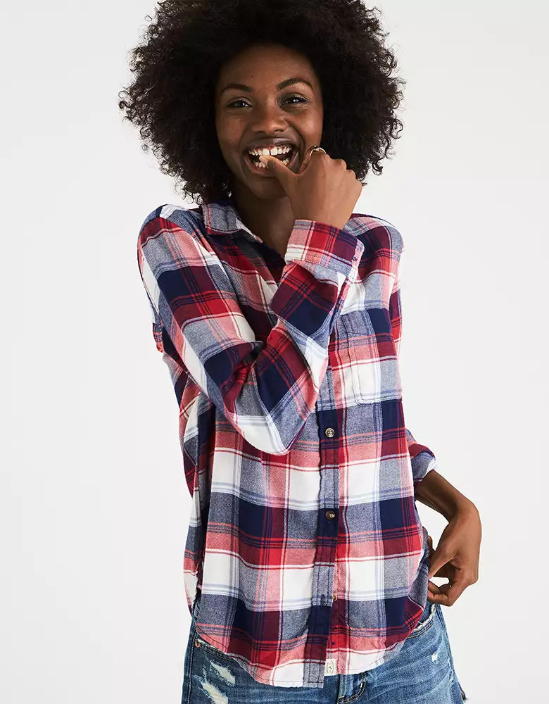 AEO Ahh-Mazingly Soft Plaid Boyfriend Shirt, Black | American Eagle Outfitters (US & CA)