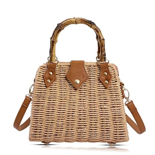 Straw Bag, Crossbody Bags for Women, Bohemian Handmade Woven Bag, Bamboo Handle Handbag Hard Box Handbags, Parties, Vacations Beach Bag(Khaki) | Amazon (US)