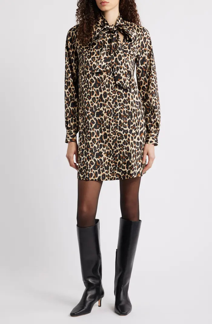 Caslon® Leopard Print Long Sleeve Tie Neck Shift Dress | Nordstrom | Nordstrom