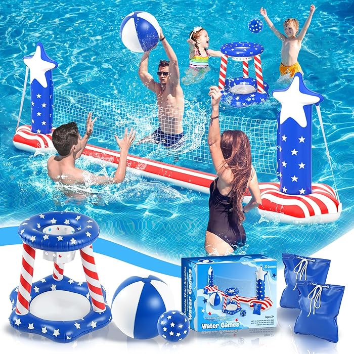 4th of July Pool Toys Games Set, 3 in 1 Inflatable Volleyball Net & Basketball Hoop, Large Water ... | Amazon (US)