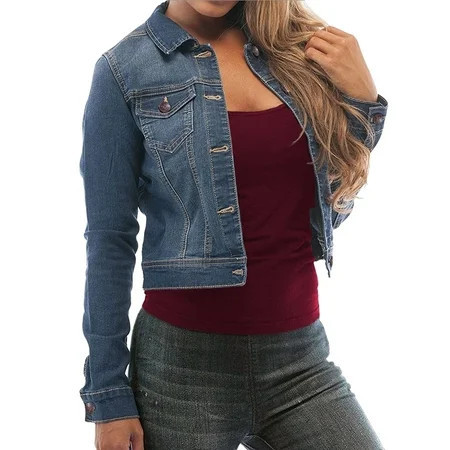 Skylinewears Classic Women s Denim Jacket | Soft Stretch Fitted Jean Jacket | Long Sleeve Button Down for Casual Everyday Wear | Walmart (US)