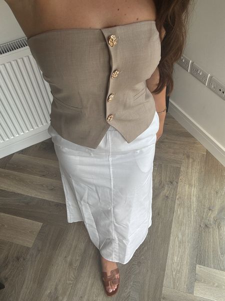 Summer outfit, 4th & reckless, strapless waistcoat, white linen skirt, holiday outfit, brown leather sandals 

#LTKstyletip #LTKsummer #LTKuk