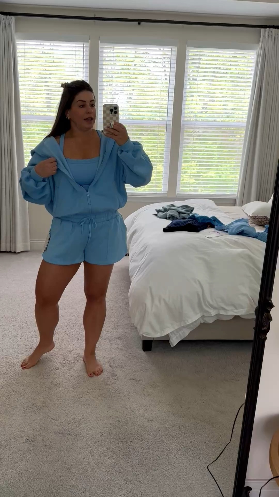 New blue lounge set. Mom and me matching options available. Wearing a M in shorts , L in tank, and M in zip up, but could size down to a small. 

#LTKMidsize #LTKSeasonal #LTKootd