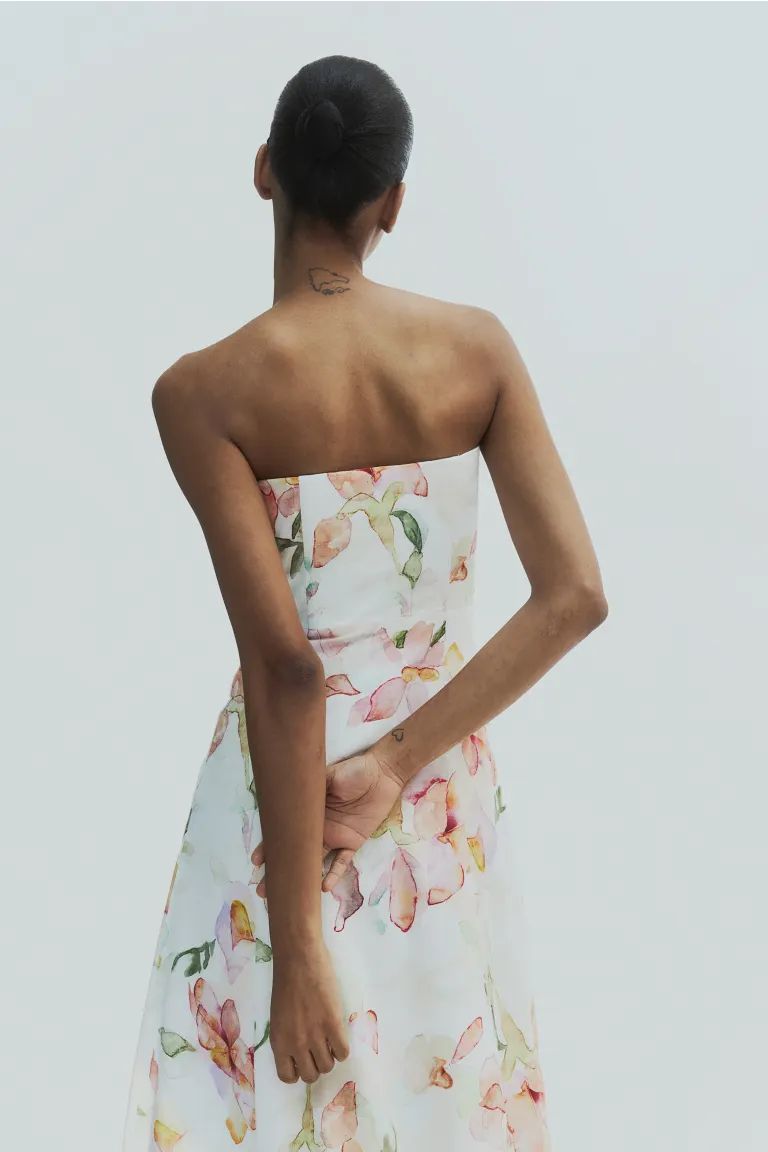 Linen-blend Bandeau Dress - White/floral - Ladies | H&M US | H&M (US + CA)