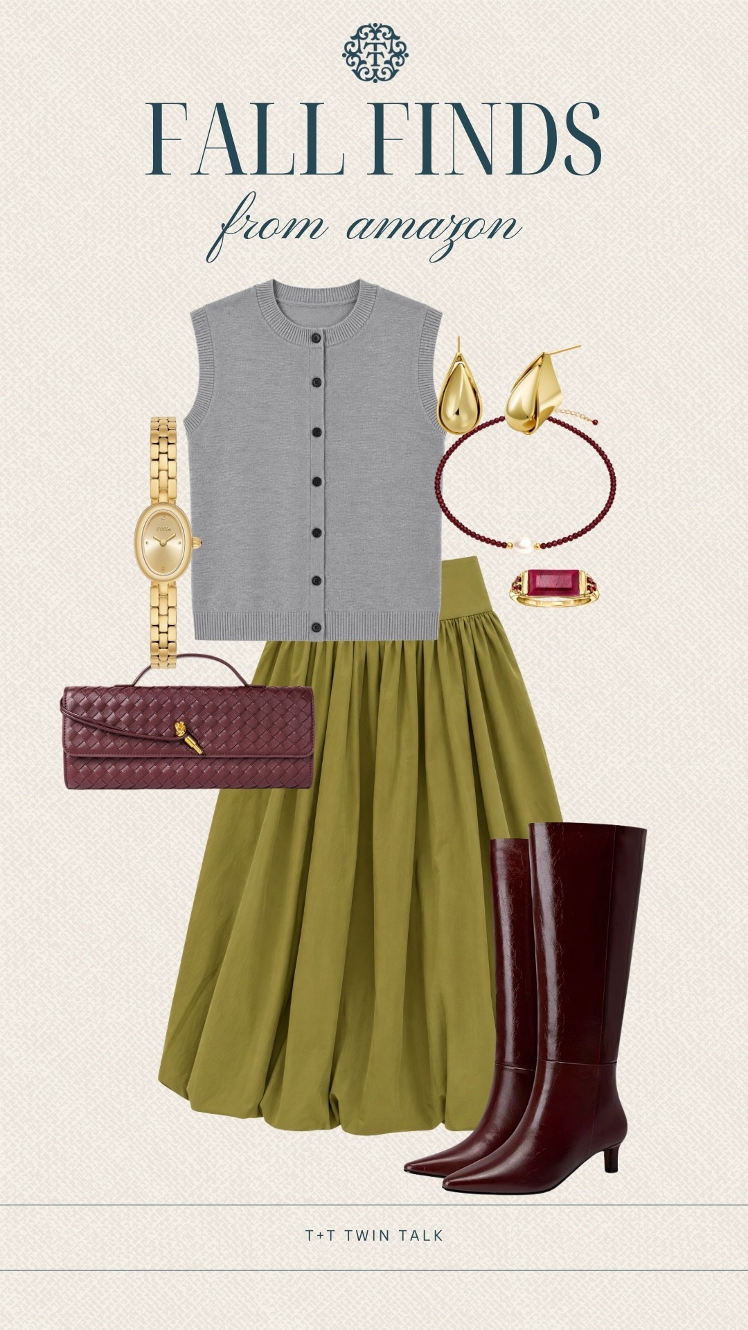 Olive green + burgundy might be one of my favorite color combinations for fall. 🍂💚 This Amazon outfit feels polished but still so wearable—the sweater vest, full midi skirt, burgundy boots and matching bag are SO good together. Add gold jewelry for the perfect finishing touch!

#LTKSeasonal #LTKOver40 #LTKMidsize #AmazonFashion #AmazonFinds #FallOutfit #FallFashion #FallStyle #MidiSkirt #FallBoots #BurgundyStyle #Over40Style