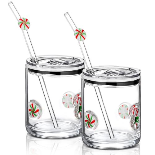 Patelai 2 Pcs Christmas Candy Cane Icon Glasses Cups with Lids and Straws 15oz Reusable Drinking Iced Coffee Glass Cups Cute Xmas Tumbler Gifts for Christmas Adults Women Men Holiday Stocking Stuffer | Amazon (US)