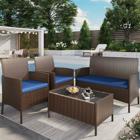 ELPOSUN Patio Furniture 4 Pieces Outdoor Wicker Rattan Chair Balcony Conversation Sets Porch Furniture Sectional Loveseat w Cushions and Table for Backyard Pool Garden (Brown-Blue) | Walmart (US)
