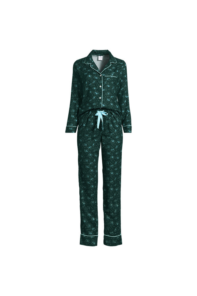 Women's Drapey Flannel 2 Piece Pajama Set - Top and Pants - Lands' End - Green - S | Lands' End (US)