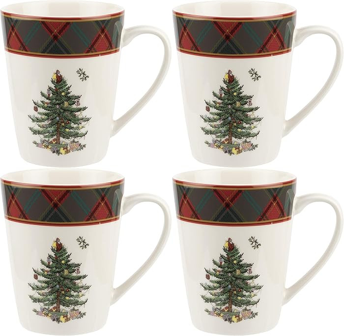 Spode Christmas Tree Tartan Mugs (Set of 4) - 14 Ounce Festive Holiday Coffee Cups for Tea, Hot C... | Amazon (US)