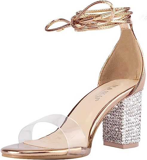 Women's Heels Sandals with Rhinestone Strappy Open Toe Clear Block Mid Heels Party Pumps Shoes fo... | Amazon (US)