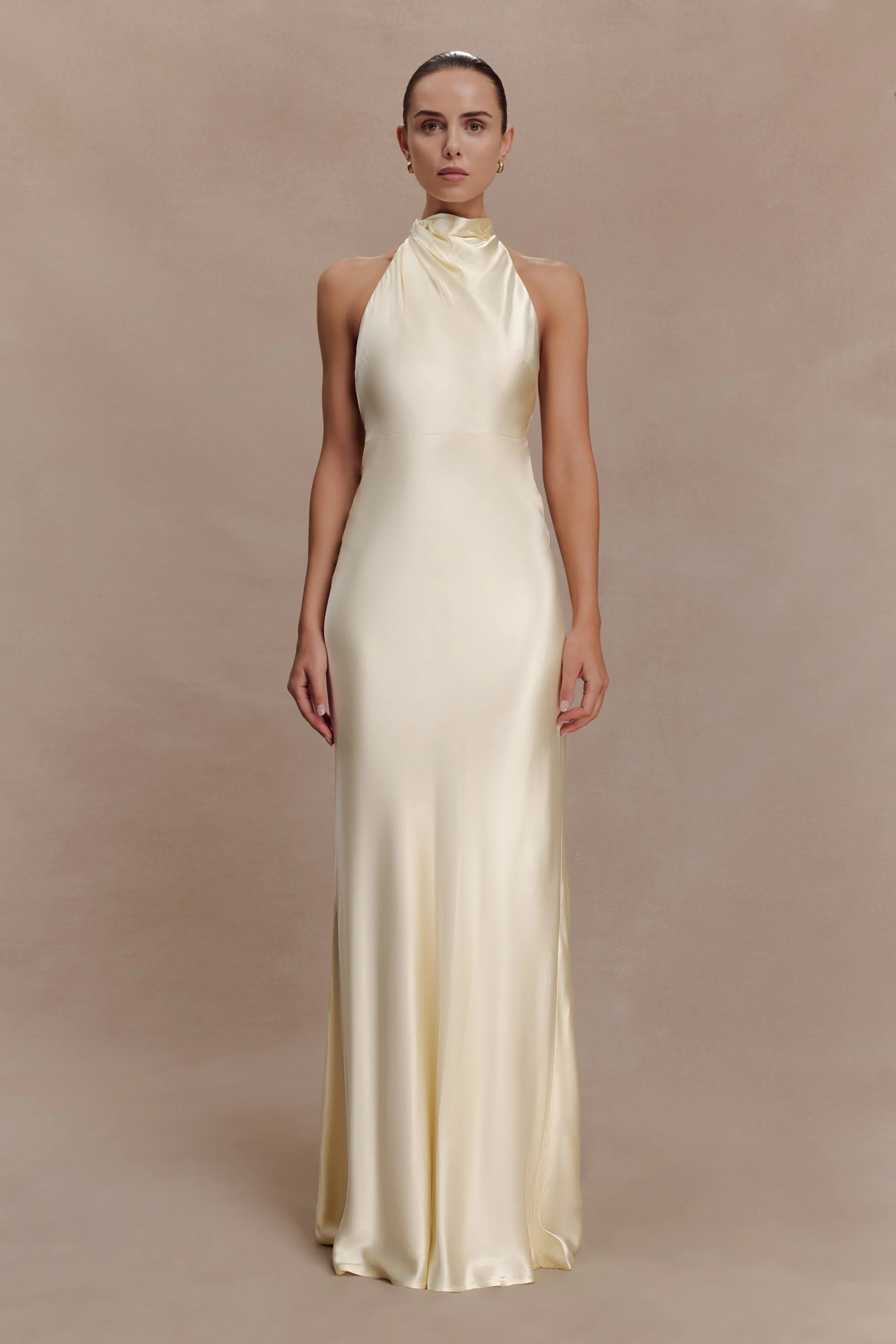 Esther Iridescent Satin Cowl Maxi Dress - Lemon Sorbet | Meshki UK