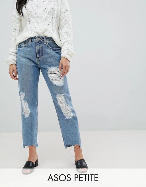 ASOS PETITE Original Mom Jean in Phoebe Wash with Rips and Stepped Hem | ASOS US