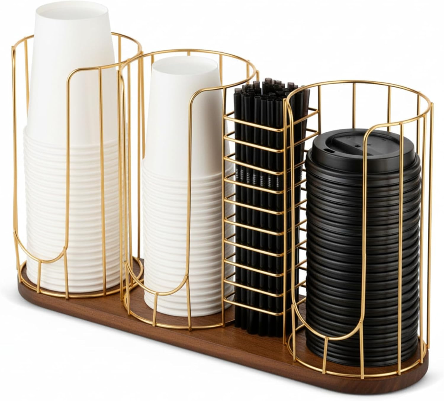 18oz Adjustable Coffee Cup Dispenser with Wooden Base, Cup and Lid Holder, Cups Holder Organizer for Coffee Pod Straw and Lid Storage(4-compartment Single,Color 2) | Amazon (US)