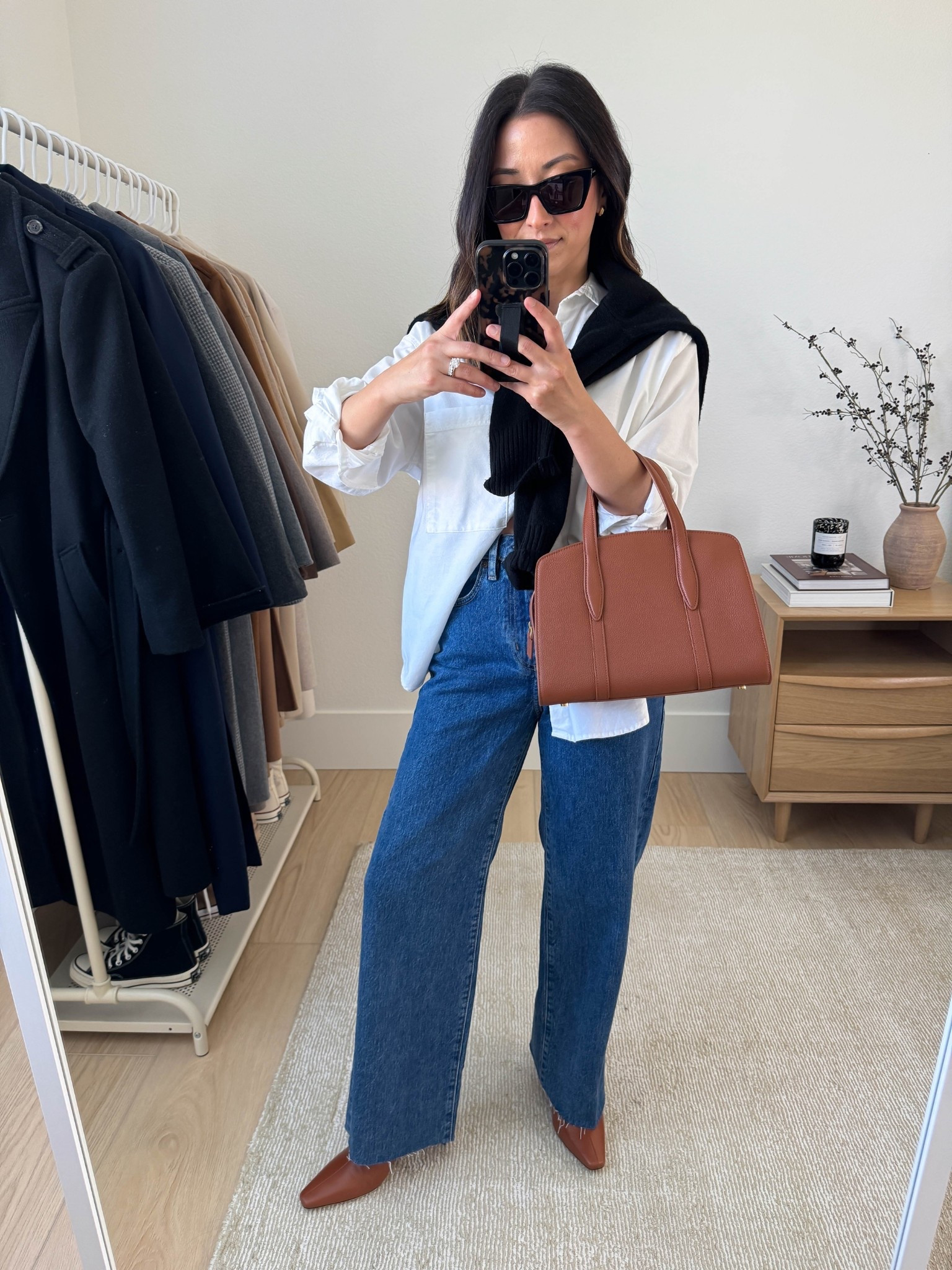 Fall outfits with heeled ankle booties. 

AYR Shirt xs
Everlane cotton sweater xs
Aritzia jeans 26, sized up and cut hems. 
Staud Wally ankle booties 35
Parisa Wang bag (can't be linked)
Celine sunglasses
Quince earrings

Fall outfits, fall style, petite style 

#LTKStyleTip #LTKPetite #LTKSeasonal