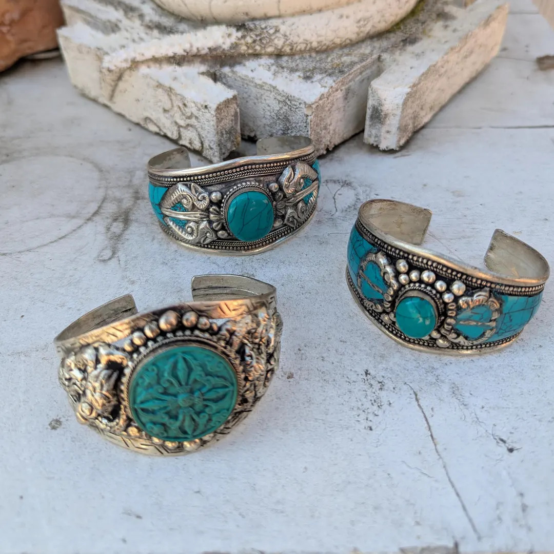 VINTAGE Tibetan BRACELET: Turquoise and Silver Large Cuff CB-108 - Etsy | Etsy (US)