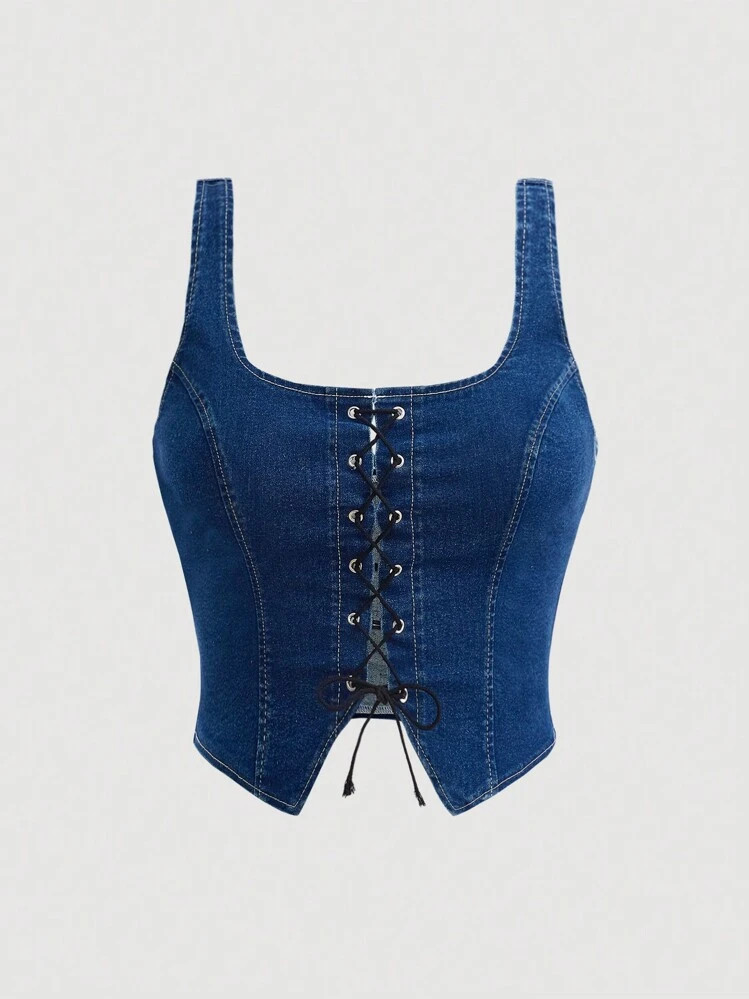 SHEIN MOD Women's Plus Size Denim Shirt With Tie Corset Top | SHEIN