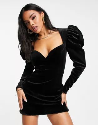 ASOS LUXE velvet puff sleeve sweetheart mini dress in black | ASOS (Global)